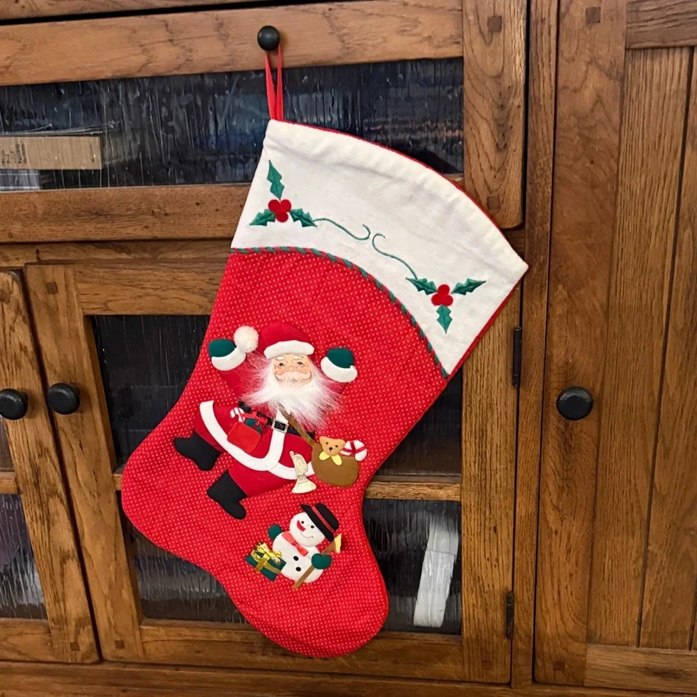 Vtg quilted festive red Christmas stocking with Santa and Snowman